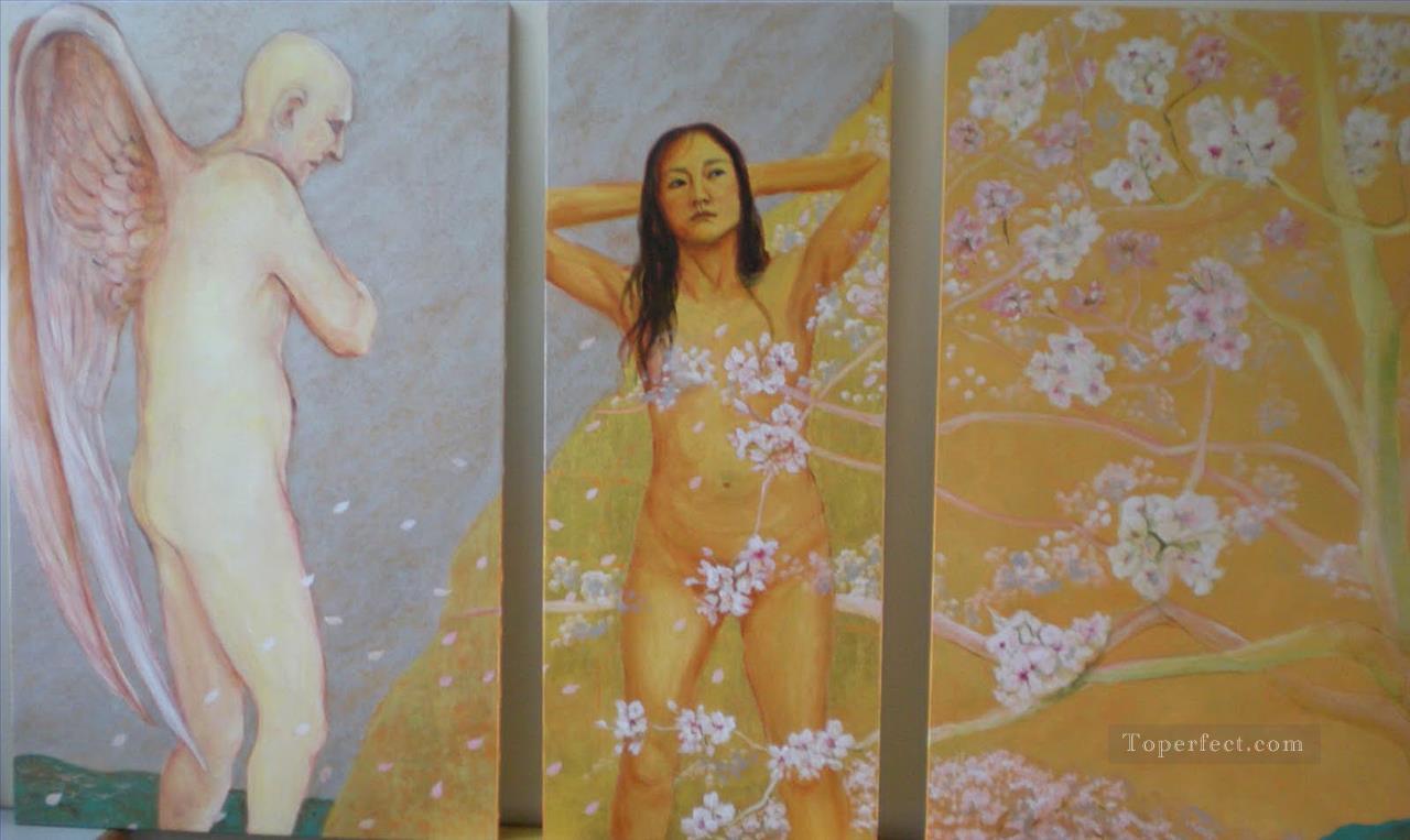 自画像と桜のインディアン油絵